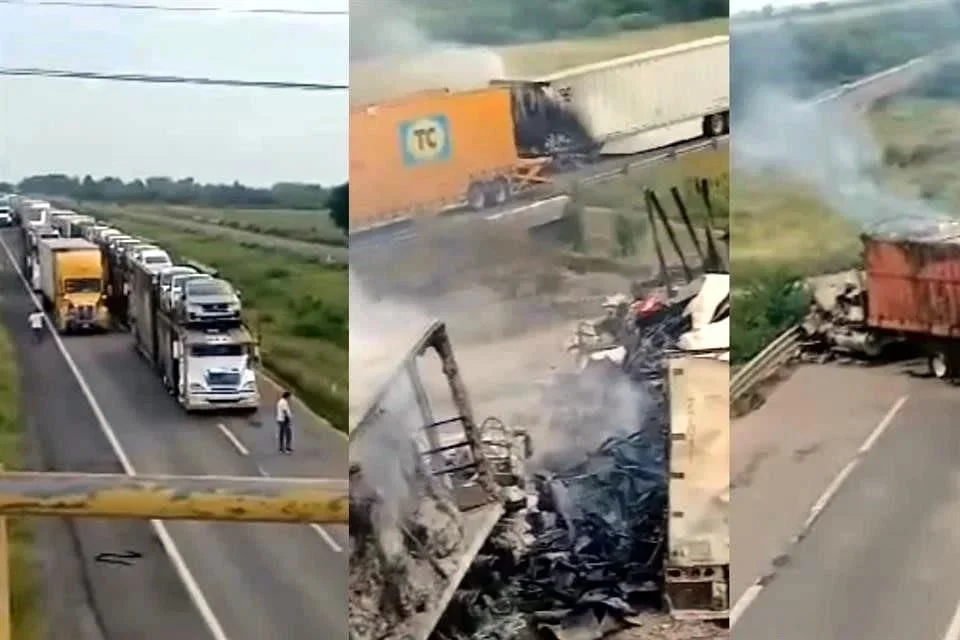 Bloquean vía en Sinaloa con camiones incendiados