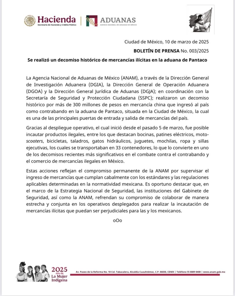 Decomisan mercancía de origen chino valuada en más de 300 millones de pesos en la aduana de Pantaco