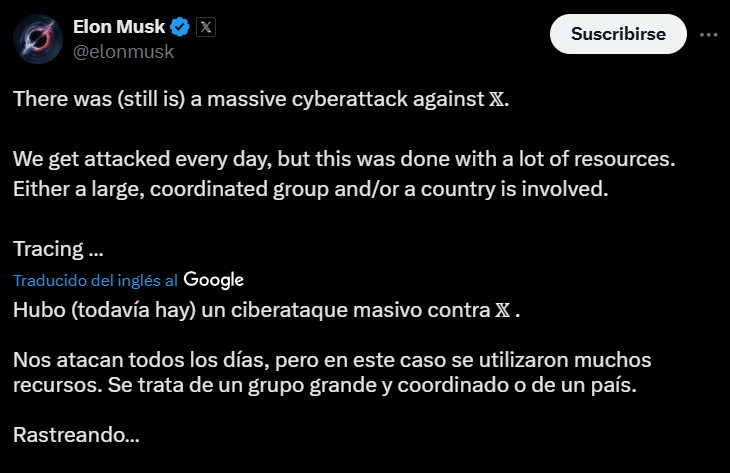 Elon Musk atribuye caída de X a un “ciberataque masivo”